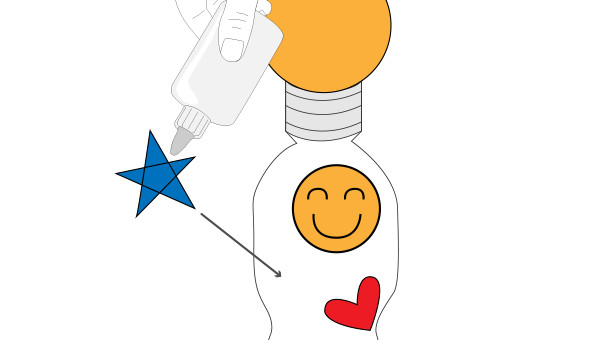botella con dise&ntilde;o de cara feliz y un coraz&oacute;n pegados, al lado imagen de una estrella con goma que se pegar&aacute; en ella.